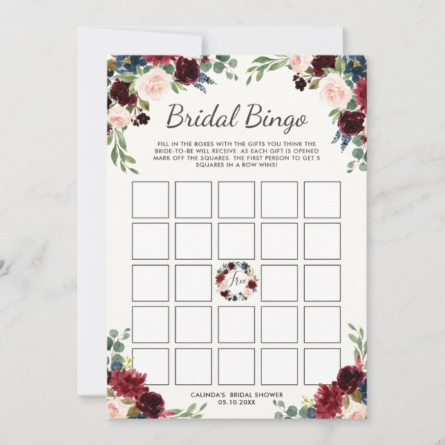 Burgunder Bouquet| Brautparty Bingo Game Einladung (Vorderseite)