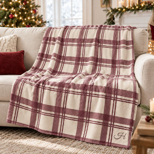 Burgunder-Cream-Tartan-Karodeckchen mit Monogramm Fleecedecke