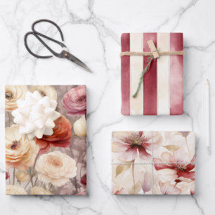 Burgunder Creme Frühlingsblumen Brautparty Geschenkpapier Set