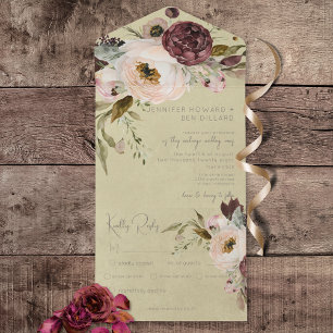 Burgunder Creme & Pink Vintag Peonies Rosa Abendes All In One Einladung