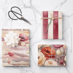 Burgunder-Creme-Rouge Florale Hochzeitsdusche Geschenkpapier Set