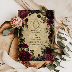 Burgunder-Dahlie und Gold-Barock-Romantik Einladung