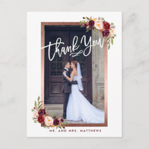 Burgunder danken Blumenchic-Foto-Hochzeit Ihnen Ankündigungspostkarte