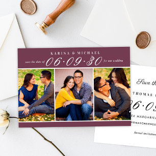 Burgunder Drei-Foto-Collage-Hochzeit Save The Date