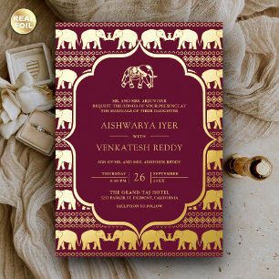 Burgunder Elefant Indisches Foto Hochzeit Gold Folieneinladung