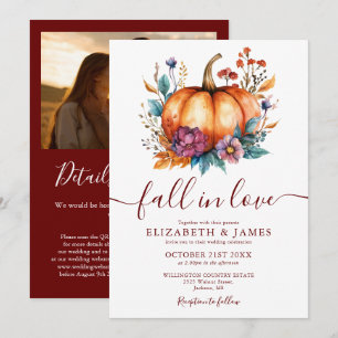 Burgunder Fall In Love Kürbis Foto QR Hochzeit Einladung