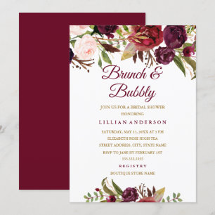 Burgunder Floral Brunch und prickelnde Brautparty Einladung