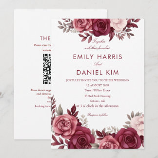 Burgunder Floral elegante minimale QR-Hochzeits-Ei Einladung