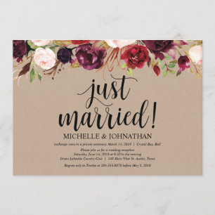Burgunder Floral Elopement-Empfang Kraft-Einladung Einladung