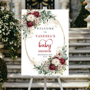 Burgunder Floral Gold Babyparty Willkommensschild Poster