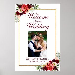 Burgunder Floral Gold Boho Hochzeits-Willkommensfo Poster