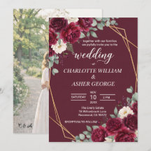 Burgunder Floral Gold Rahmen Foto Hochzeitseinladu