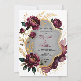 Burgunder Floral Grau Gold Luxus-Hochzeit Einladung