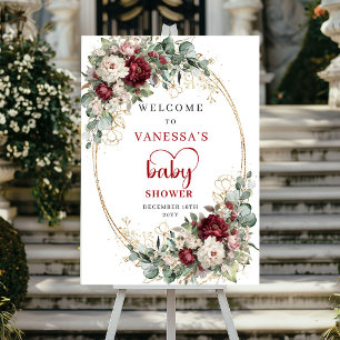 Burgunder Floral Grün Baby Shower Willkommensschil Poster