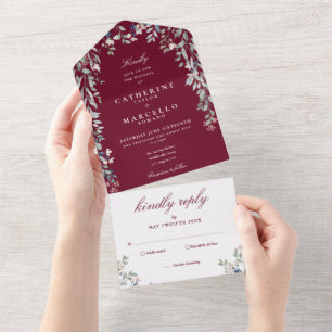 Burgunder Floral Grünpflanzen-Kaskade Hochzeit All In One Einladung