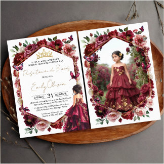 Burgunder Floral Präsentation 3 Jahre Foto Einladung