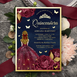 Burgunder Floral Schmetterling Navy Quinceanera Go Folieneinladung