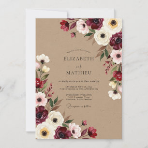 Burgunder Florale Herbst Romantische Hochzeit Einladung