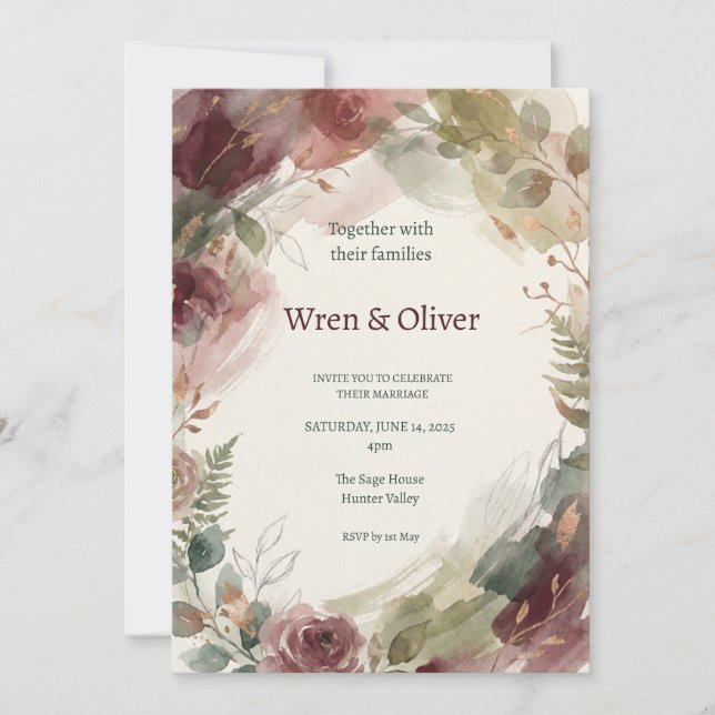 Burgunder Florale Hochzeit Einladung (Vorderseite)