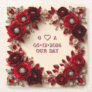 Burgunder Florale Hochzeit Romantische Rote Rosen Rechteckiger Pappuntersetzer