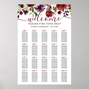 Burgunder Florale Hochzeits-Sitzordnung Poster