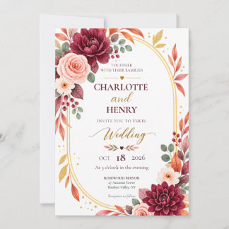 Burgunder Florale Hochzeitseinladung im Herbst Einladung
