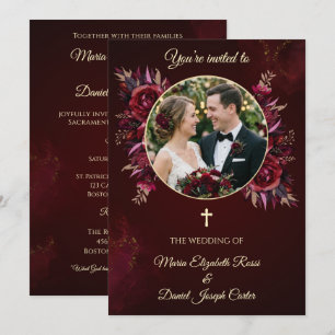 Burgunder Florale Katholische Hochzeit mit Foto Einladung