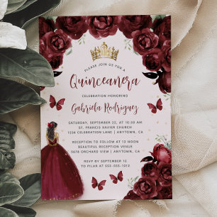 Burgunder Florales Aquarell Prinzessin Quinceañera Einladung