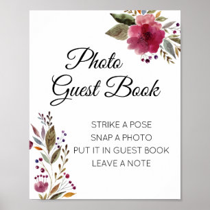 Burgunder Florales Foto-Gästebuch Hochzeitsschild Poster