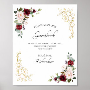 Burgunder Florales Goldfolien-Schild Unser Gästebu Poster