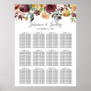 Burgunder Florales Hochzeits-Sitzplan-Poster Poster
