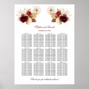 Burgunder Florales Pampasgras Hochzeitssitzplan Poster