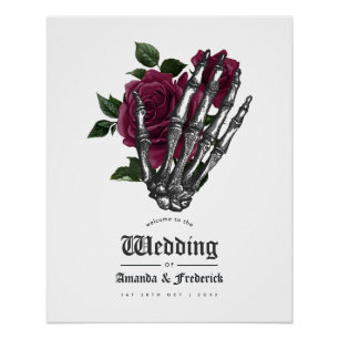Burgunder Florales Skelett Gothic Hochzeitsbegrüßu Poster