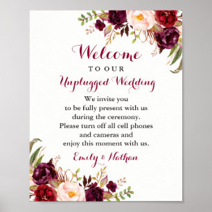 Burgunder Florales Unplugged Hochzeitsschild Poster