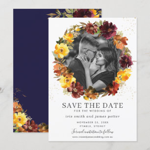 Burgunder Gelbe Blumige Foto-Save-the-Date-Karte Einladung