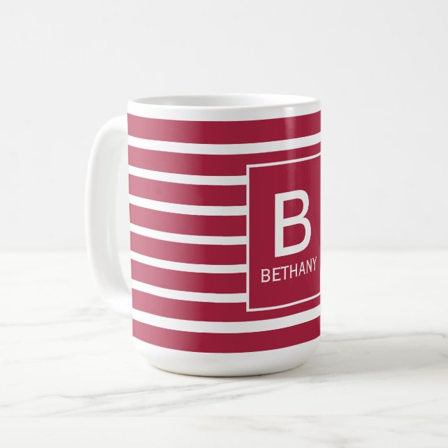 Burgunder gestreifte Monogramm Personalisiert Kaffeetasse (Vorderseite Links)