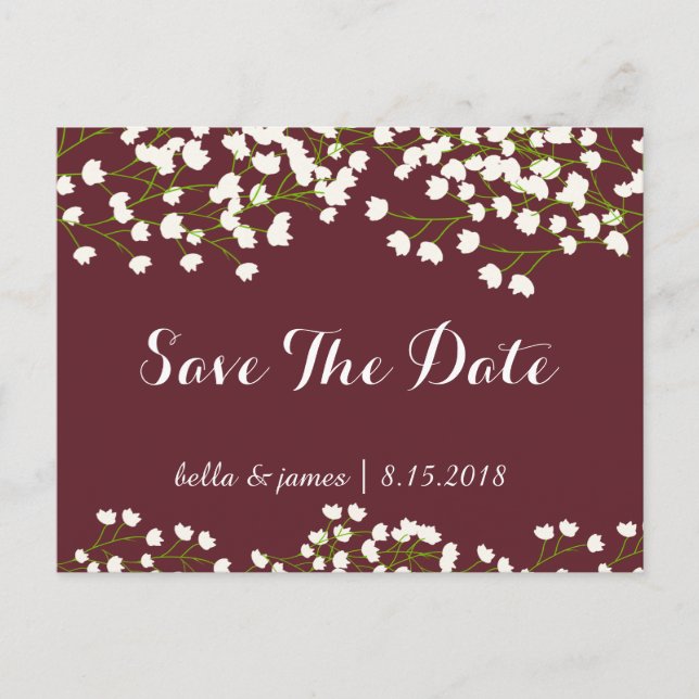 Burgunder-Gipskraut-Save the Date Postkarten (Vorderseite)