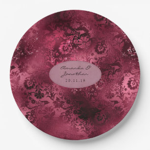 Burgunder Glam Folie Glitter Damast Hochzeit Pappteller