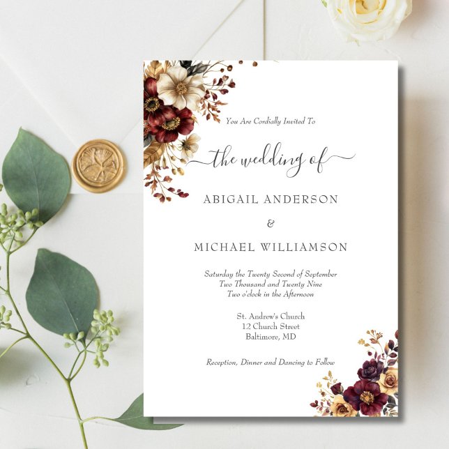 Burgunder-Gold-Blumen-Botanische-Elegante-Hochzeit Einladung (Burgundy gold watercolor floral elegant wedding invitation. Printed or Digital download)
