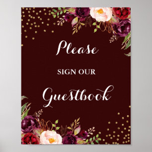 Burgunder-Gold-Blumen-Gästebuch-Hochzeitsschild Poster
