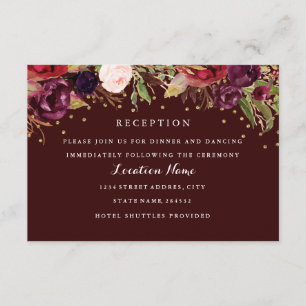 Burgunder-Gold-Blumen-Hochzeitsempfangskarte Begleitkarte