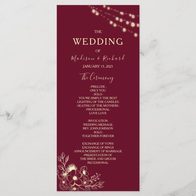 Burgunder-Gold-Blumen-Hochzeitsprogrammkarte Programm (Vorderseite)