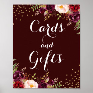 Burgunder-Gold-Blumenkarten und Geschenke Hochzeit Poster