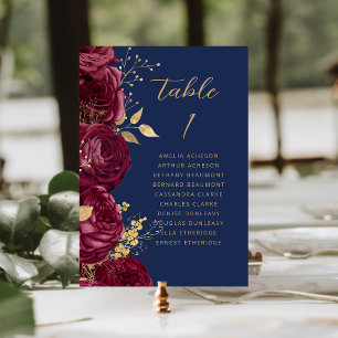 Burgunder-Gold-Blumenschrift Marineblaue Hochzeit Tischnummer