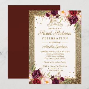 Burgunder-Gold-Blüten-Sparkle Sweet Sixteen Einladung