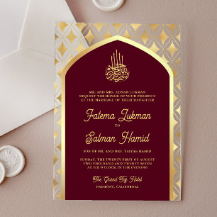 Burgunder Gold Diamanten Bogen Muslimische Hochzei Acryleinladungen