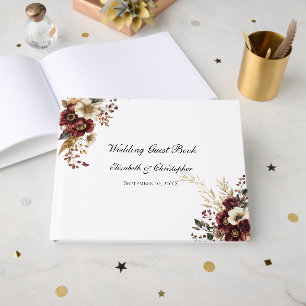 Burgunder Gold Florale Elegante Hochzeit Gästebuch