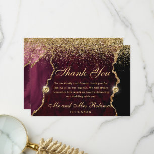 Burgunder Gold Glitter Achat Hochzeit Dankeskarte