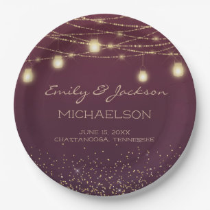 Burgunder-Gold-Glitter-Lichterkette-Laterne-Hochze Pappteller