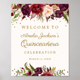 Burgunder-Gold-Konfetti-Blumen-Quinceanera-Schild Poster